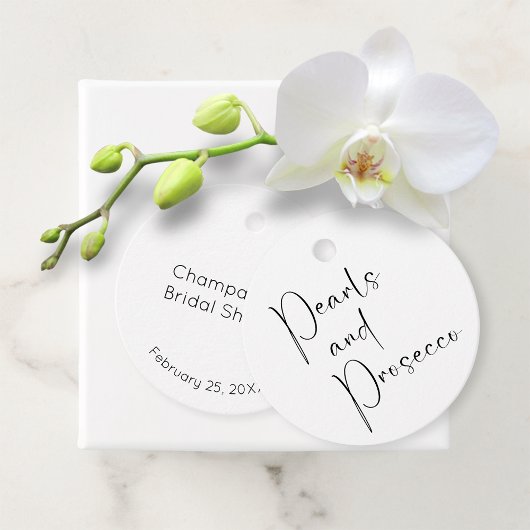 Moderne Script Bruiloftsborrel Parels en Prosecco Bedankjes Labels