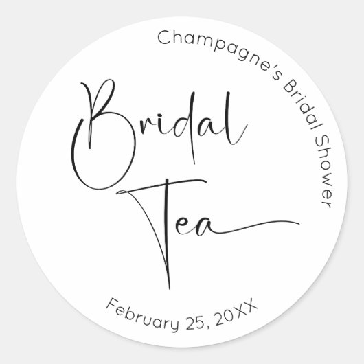 Moderne Script Bruiloftsfeest Bridal Tea Ronde Sticker (Voorkant)