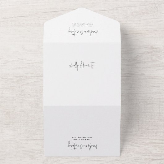 Moderne Script Calligraphy Monogram Weddenschap All In One Uitnodiging (Buitenkant)