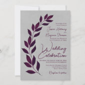 Moderne Script Cassis Paars Leaves op Gray Wedding Kaart (Voorkant)