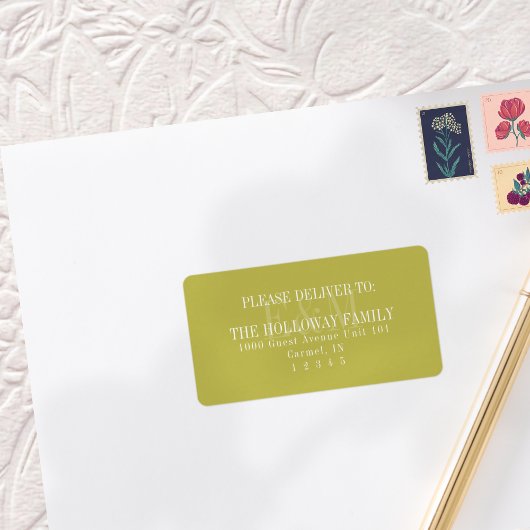 Moderne Script Chartreuse Citrus Monogram Huwelijk Etiket