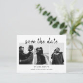 Moderne script drie foto's save the date briefkaart (Staand voorkant)