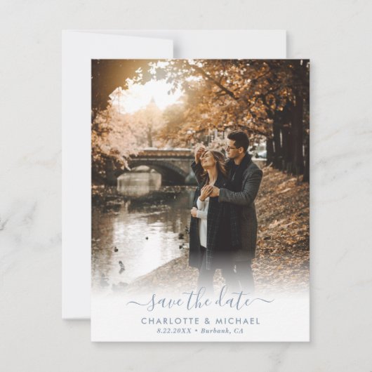 Moderne Script Dusty Blue Wedding Foto Aankondiging (Voorkant)