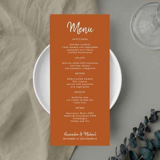 Moderne script, eenvoudige terracotta bruiloft menu