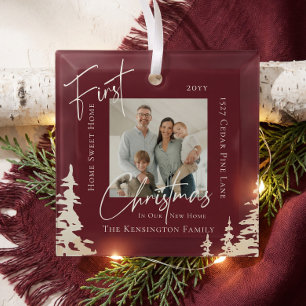 Moderne Script Eerste Kerstmis in Nieuw Thuis Foto Glas Ornament