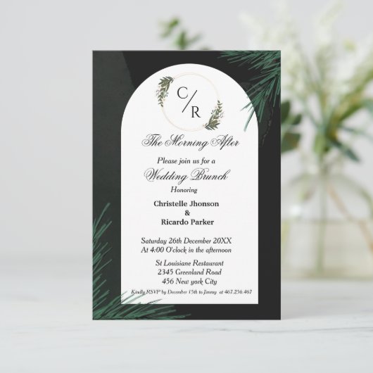 Moderne script emerald green bruiloft brunch party kaart (Staand voorkant)