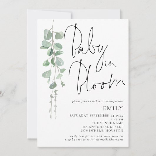 Moderne Script Eucalyptus Baby in Bloom Shower Kaart (Voorkant)