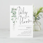 Moderne Script Eucalyptus Baby in Bloom Shower Kaart (Staand voorkant)
