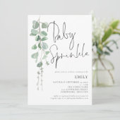 Moderne Script Eucalyptus Baby Sprinkle Invitation Kaart (Staand voorkant)