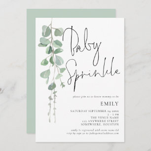 Moderne Script Eucalyptus Baby Sprinkle Invitation Kaart