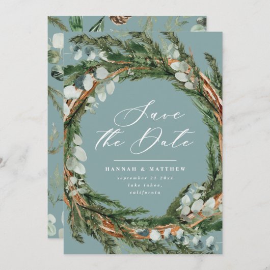 Moderne script eucalyptus elegant bruiloft save the date (Voorkant / Achterkant)