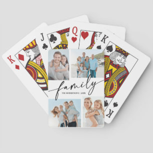 Moderne Script Familie 4 Foto Collage Pokerkaarten