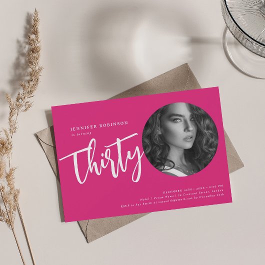 Moderne Script Foto 30e verjaardag Party Hot Pink Kaart