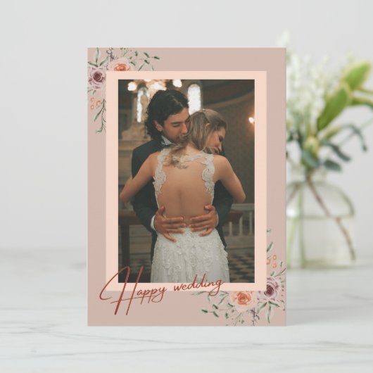 Moderne Script Foto Huwelijk bloemige Dankkaart Bedankkaart (Staand voorkant)