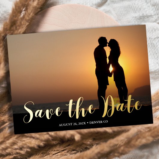 Moderne script foto save the date folie uitnodiging
