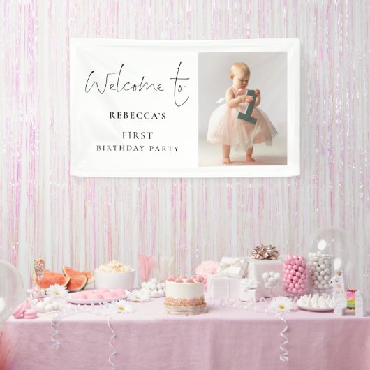 Moderne Script Foto Welkom 1e Verjaardagsfeest Spandoek (Feest)