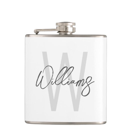 Moderne script gepersonaliseerde monogram en naam heupfles (Voorkant)