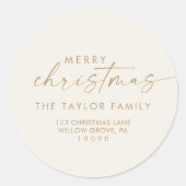 Moderne Script Gold Cream-kerstterugzendadres Ronde Sticker (Voorkant)