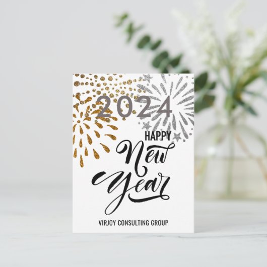 Moderne Script Gold Silver Fireworks Business Briefkaart (Staand voorkant)