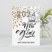 Moderne Script Gold Silver Fireworks Business Foto Feestdagenkaart (Staand voorkant)