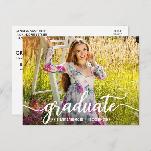 Moderne Script Graduation Party Invitation Photo W (Devant / Derrière)