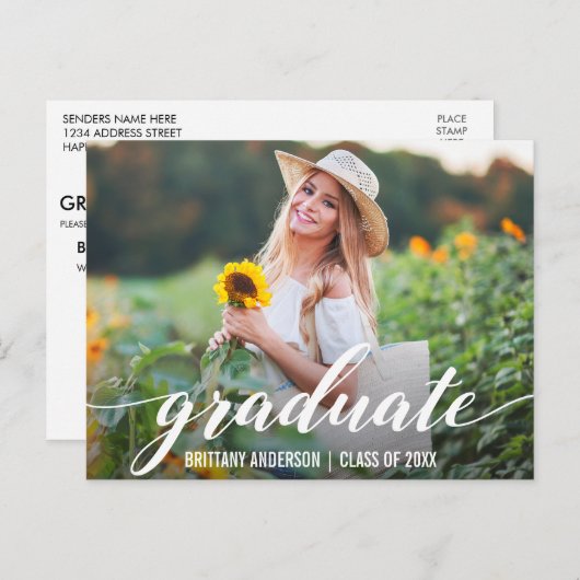 Moderne Script Graduation Party Invitation Photo W (Devant / Derrière)