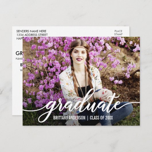 Moderne Script Graduation Party Photo Invitation W (Devant / Derrière)