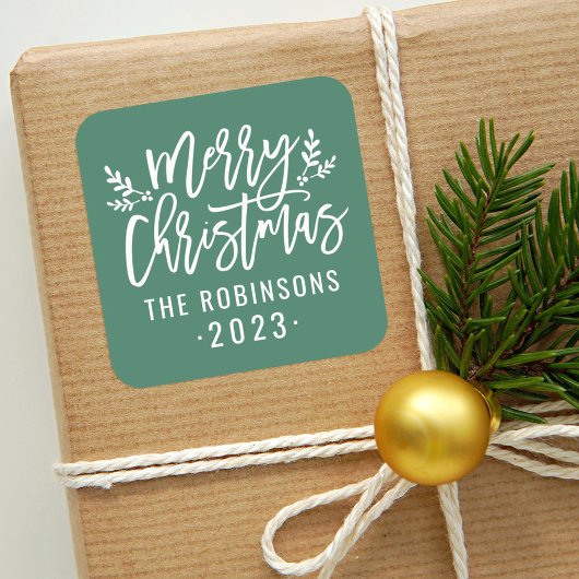 Moderne Script Green Merry kerst Custom Vierkante Sticker