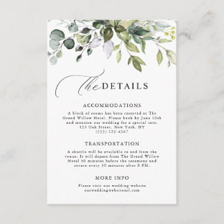Moderne Script Groene Eucalyptus Trouwdetails Informatiekaartje