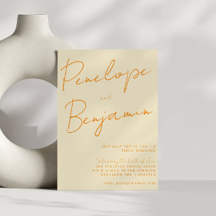 Moderne script handgeschreven oranje crème trouwka kaart