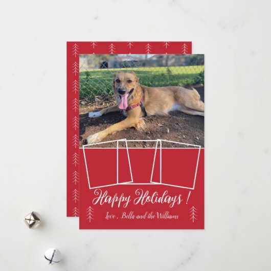 Moderne script hond foto collage rode kerstkaart (Voorkant / Achterkant in situ)