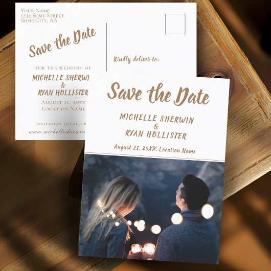 Moderne Script Huwelijk Save the Date Foto Aankondigingskaart