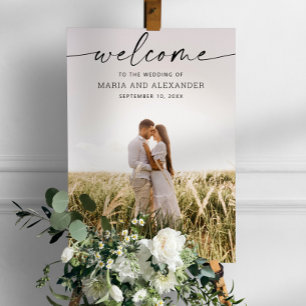 Moderne script huwelijks welkomstbord met foto poster