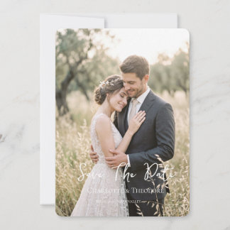 Moderne Script Huwelijksfoto Save the Date Kaart
