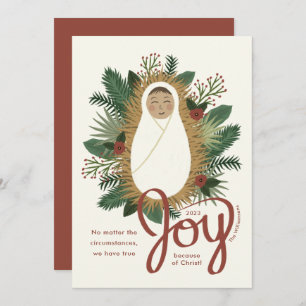 Moderne Script Joy Baby Jesus Natitivity Kerstmis Feestdagenkaart