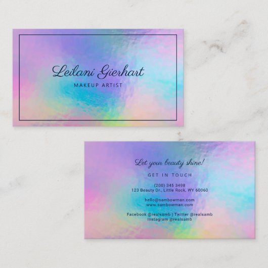 Moderne Script Make-up Artiest Iridescent Visitekaartje (Voorkant / Achterkant)