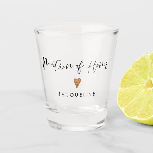 Moderne Script Matron of Honor Roos Gold Heart Nam Shot Glas (Voorkant)