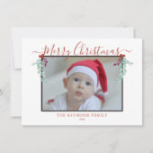 Moderne Script Merry Kerstmis Floral Lijst Foto Feestdagenkaart (Voorkant)