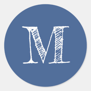 Moderne Script Monogram Eerste Klassiek Blauw Ronde Sticker