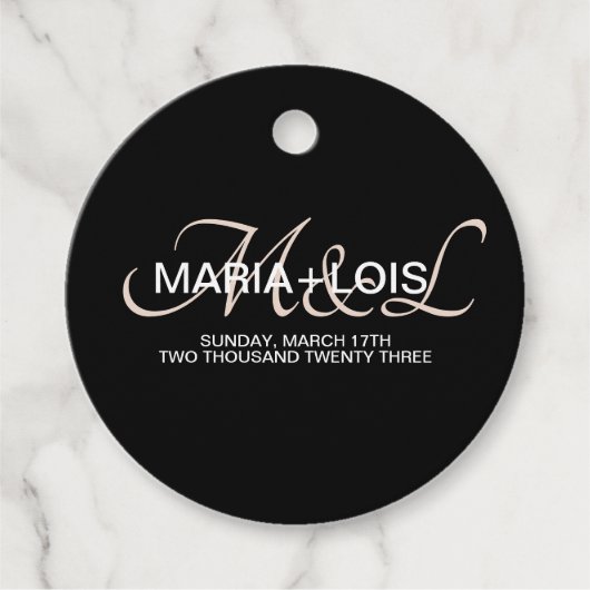 Moderne Script Monogram Zwarte Blush Roze Trouw Bedankjes Labels (Voorkant)