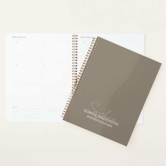 Moderne script naam interieurontwerper taupe planner (Display)