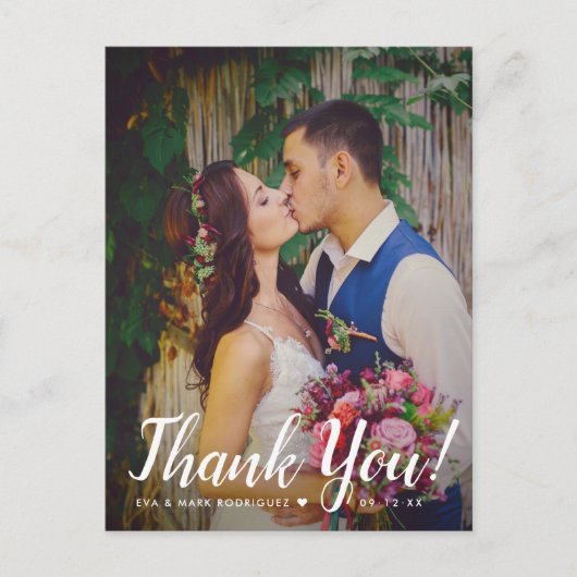 Moderne Script Overlay Wedding Photo Dank u Briefkaart (Voorkant)