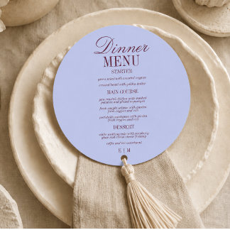 Moderne script paarsblauwe en pruim formele trouwm menu