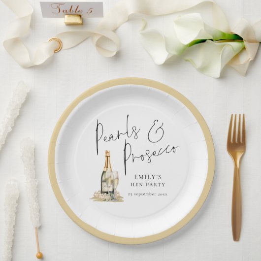 Moderne Script Parels en Prosecco Hen Party Papieren Bordje (Huwelijk)