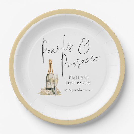 Moderne Script Parels en Prosecco Hen Party Papieren Bordje (Voorkant)