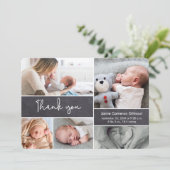 Moderne Script Photo Collage Baby Shower Bedankkaart (Staand voorkant)