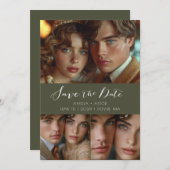 Moderne Script Photo Collage Olijfgroen Save The Date (Voorkant / Achterkant)