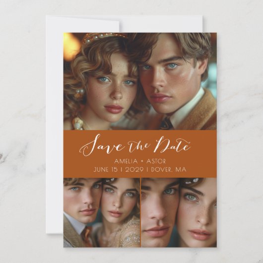 Moderne Script Photo Collage Terracotta Save The Date (Voorkant)