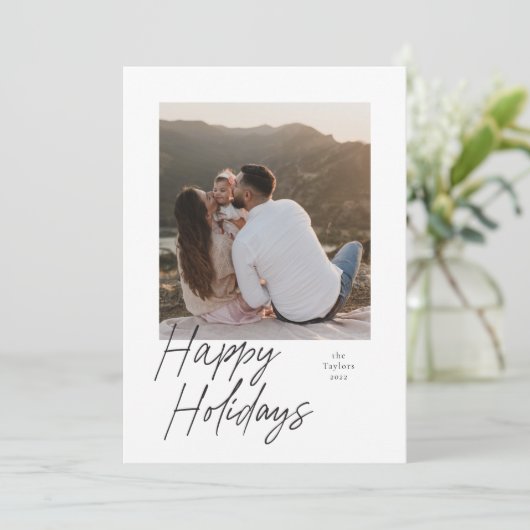 Moderne Script Photo Holiday Card Feestdagenkaart (Staand voorkant)