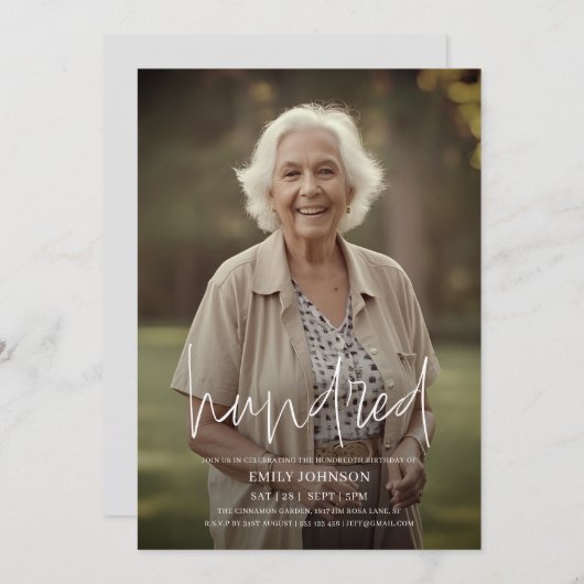 Moderne Script Photo Minimal 100th Birthday Kaart (Voorkant / Achterkant)